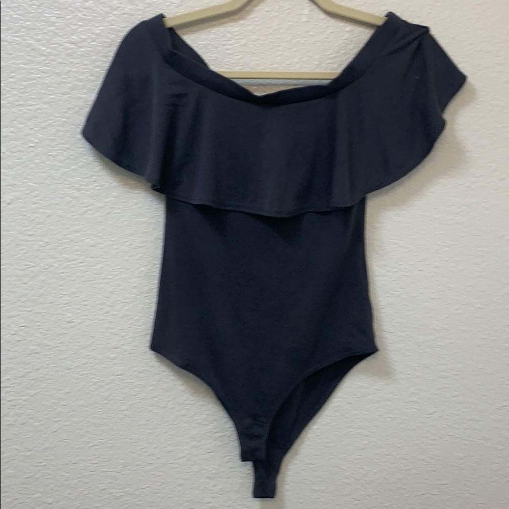 Off the shoulder black grey bodysuit. Ruffle